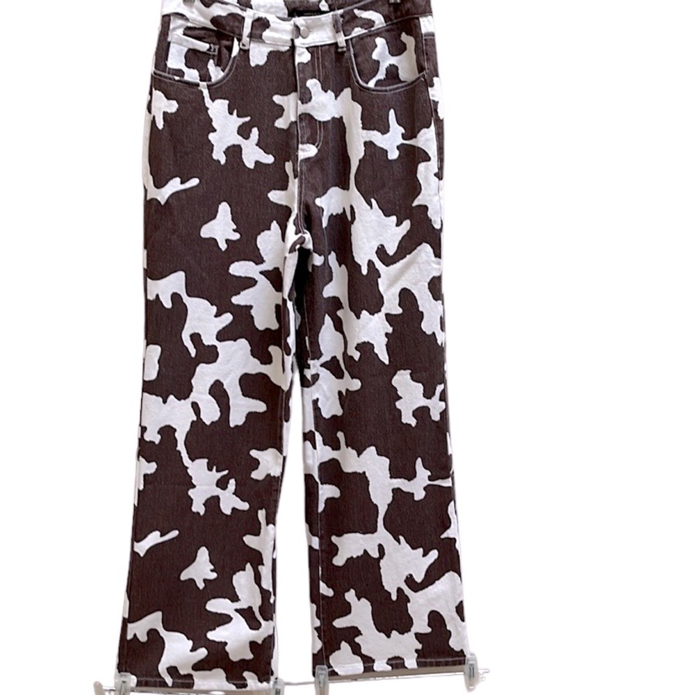 Cow Print High Rise Wide Leg Jean woman’s Wild West Ranch Cowhide Pattern Cargo